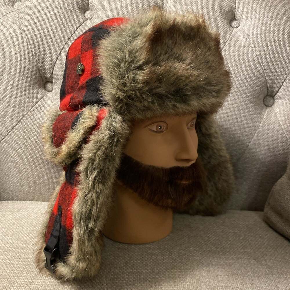 Mad Bomber Faux Fur Trapper Hat Red Black Plaid Large Wool Winter Ear Flaps